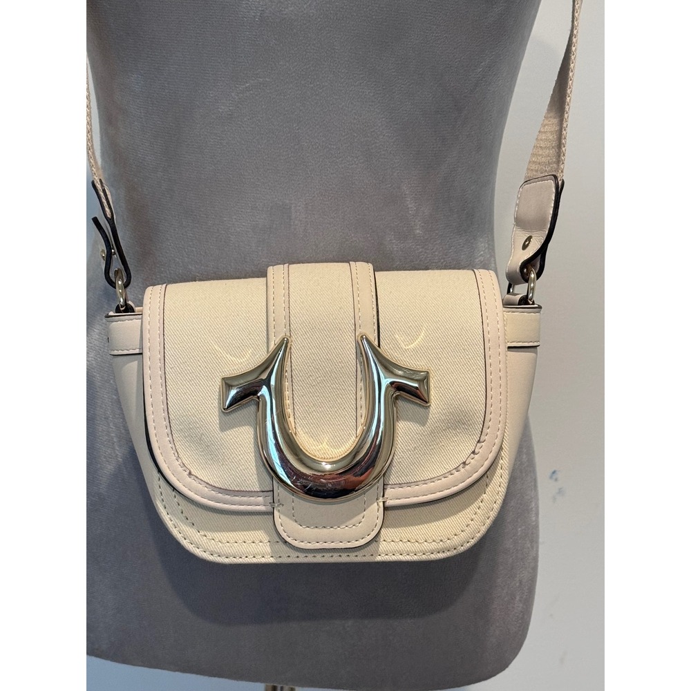 True Religion Cream Horseshoe Logo Crossbody Bag Off White Webbing Strap Bag
